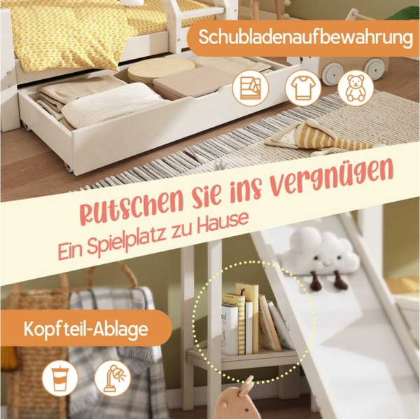 BlingBin Etagenbett Hochbett (1-St, Hochbett 90/140x200 cm aus Massivholz+MDF), mit Rutsche, Schublade, Blockhütten-Design Bild 3