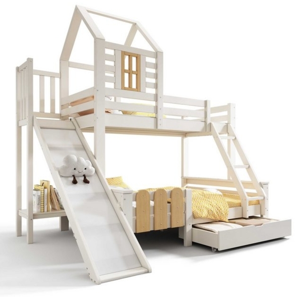 BlingBin Etagenbett Hochbett (1-St, Hochbett 90/140x200 cm aus Massivholz+MDF), mit Rutsche, Schublade, Blockhütten-Design Bild 4