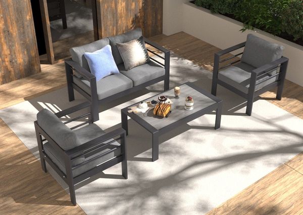 MeXo Gartenlounge-Set Balkon Möbel Set mit Tisch Aluminium 4 teilig outdoor wetterfest, (12cm Deluxe Relax-Sitzkissen, 4-tlg, Belastbarkeit pro Sitzplatz 140kg), Terrassenmöbel Set mit Tisch 110 x 62 x 41 cm, elegant symmetrisch