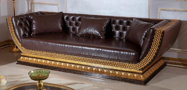 Casa Padrino Luxus Barock Chesterfield Sofa Dunkelbraun / Gold - Prunkvolles Wohnzimmer Sofa mit edlem Kunstleder - Barock Chesterfield Wohnzimmer Möbel