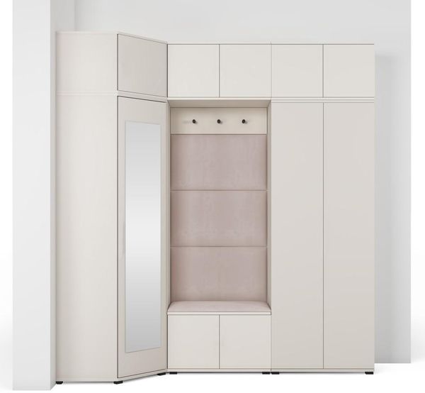 Garderoben-Set Napoli Version 20: Eckschrank mit Polsterpaneelen, Schuhschrank, Hängeschrank für Flur und Eingangsbereich (Cashmere/Trinity 02), 225 x 70 x 210 cm