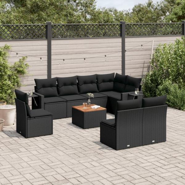 vidaXL 9-tlg. Garten-Sofagarnitur mit Kissen Schwarz Poly Rattan 3224599 Bild 1
