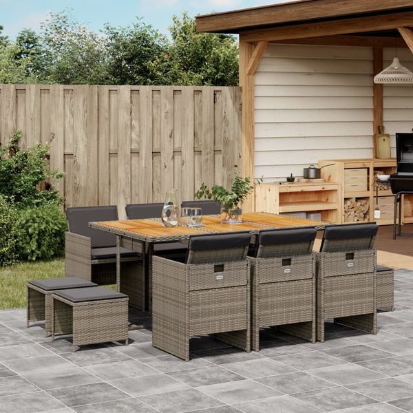 vidaXL 11-tlg. Garten-Essgruppe mit Kissen Grau Poly Rattan 3210614