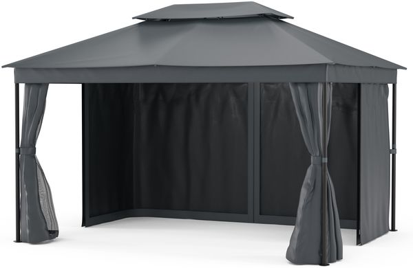 Blumfeldt Mondo Dual Pavillon 3x4 – Doppeldach & Moskitonetze, Rostfreier Metallrahmen, Wetterfeste Überdachung, Gartenpavillon, Beige