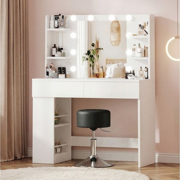 HOMALL Schminktisch mit Spiegel, LED-Beleuchtung, einstellbare Helligkeit, ostern (Länge × Breite × Höhe) 90/110 × 40 × 135 cm, 8 offene Fächer (2 seitliche Fächer sind nach links und rechts verschiebbar), 2 große Schubladen – Ostergeschenk)