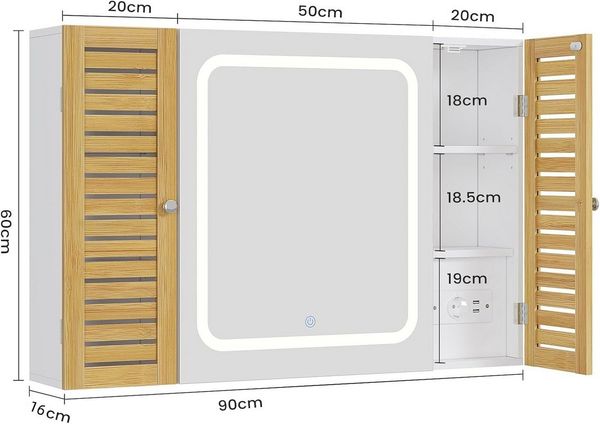 MSMASK Spiegelschrank mit LED-Beleuchtung und Steckdose, Badezimmerschrank (1-St) mit 2 Bambustür & Verstellbarer Ablage, 90×16×60 cm