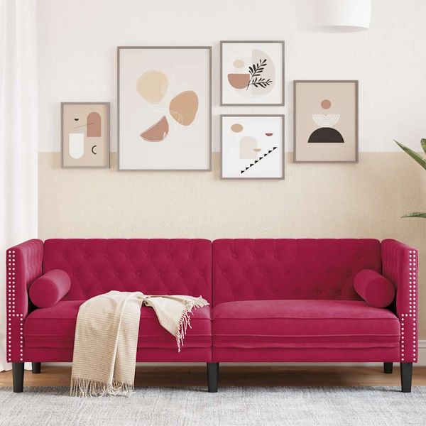 vidaXL Chesterfield-Sofa mit Nackenrollen 3-Sitzer Weinrot Samt 372697