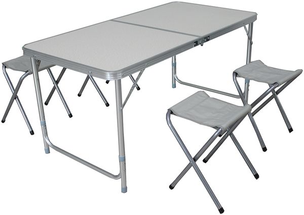 5 teiliges Alu Campingmöbel Set Outdoor Camping Tisch Tragegriff + 4 Klapphocker