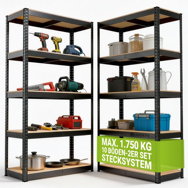 Juskys 2er-Set Lagerregal Basic 2X 180 x 90 x 40 cm (HxBxT) - 1750 kg - 10 Böden - Schwerlastregal Steckregal Metall Kellerregal Regalsystem Regal - Grau