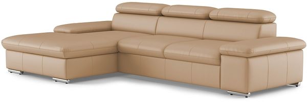 CAVADORE Echtleder-Eckcouch Valerie mit XL-Longchair / Ecksofa mit Kopfteilverstellung, großem Longchair + Metallfüßen / 286 x 73 x 174 / Leder Beige