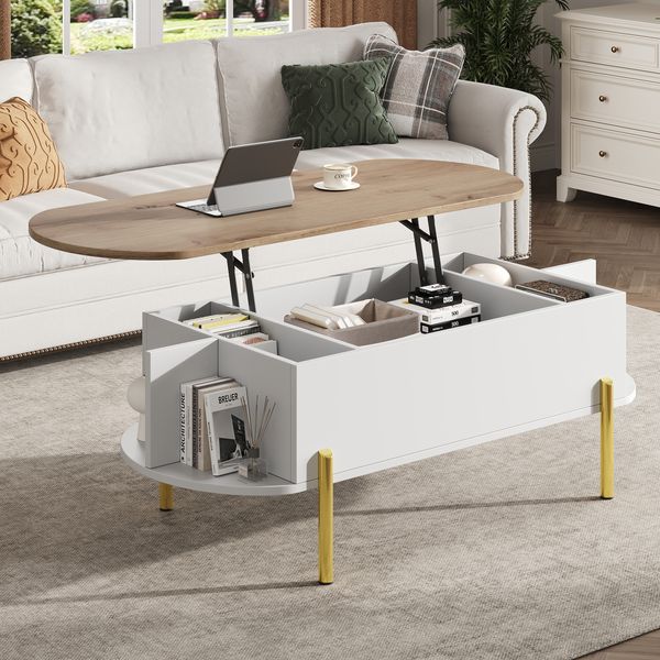 Lift-Couchtisch 120x50x43cm, anhebbarer Wohnzimmertisch mit verstecktem Stauraum, 3 Ablagefächer, halboffene Regale