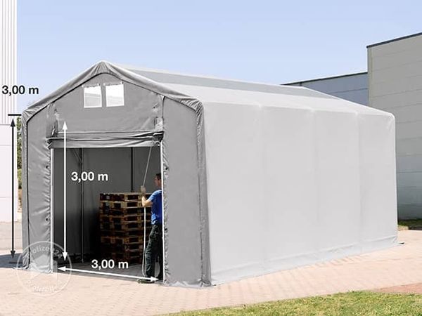 Zelthalle 4x8 m Lagerzelt Industriezelt 3m Seitenhöhe PVC Plane 850 N mit Oberlicht grau 100% wasserdicht mit Hochziehtor