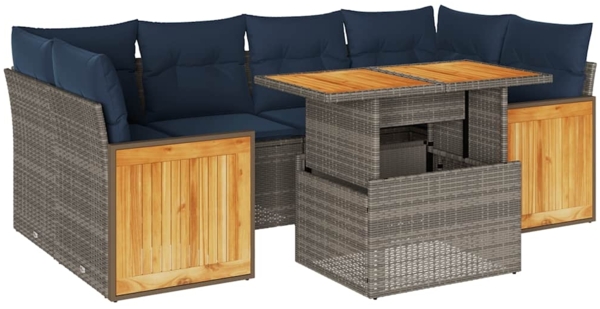 vidaXL 7-tlg. Garten-Sofagarnitur mit Kissen Grau Poly Rattan Akazie 3327680