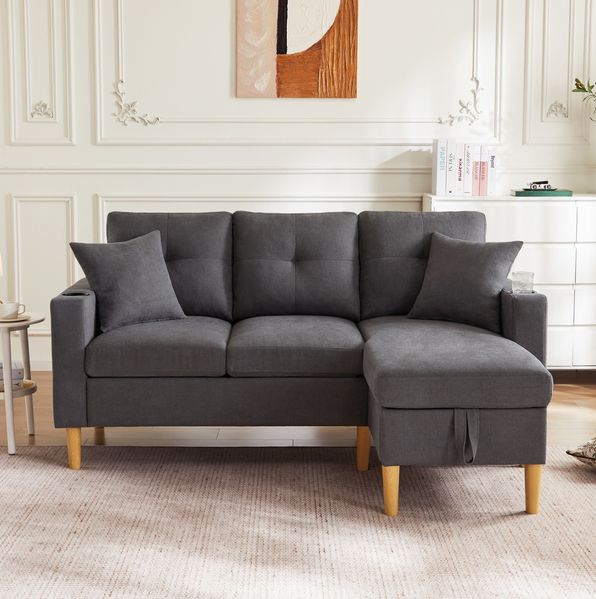 Sofa 175 x 129 x 90 cm mit Chaiselongue, Stauraum & Getränkehaltern – 3-Sitzer in Dunkelgrau