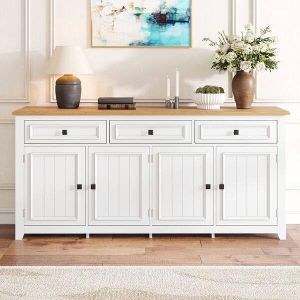 Sideboard 160 x 35 x 76 cm aus MDF in Weiß mit Holzoptik-Oberseite, 3 Schubladen & 4 Türen