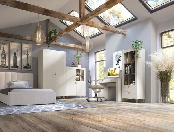 Jugendzimmer Mossa in Kashmir & Eiche Whisky mit Polsterbett in 120er oder 140er Breite – moderne Komplettsets in verschiedenen Varianten wählbar - 5 teilig , Kleiderschrank 2türig + Polsterbett 120cm + Highboard + Schreibtisch + Regal