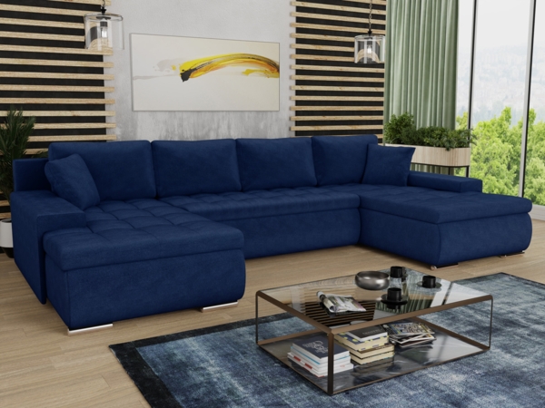Wohnlandschaft mit Schlaffunktion Faris U-Form - Couch, Schlafsofa mit Bettkasten, Couchgranitur mit Bettfunktion, Big Sofa, Bettsofa (Blau (Kronos 09))
