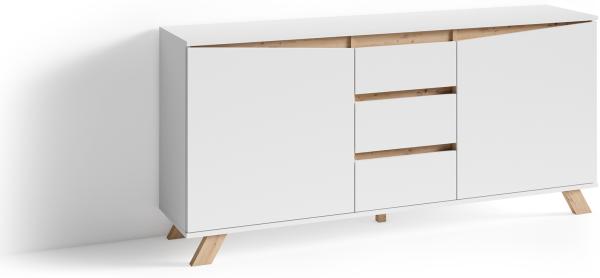 byLIVING Sideboard VALENTIN / Kommode matt weiß mit Absetzung in Eiche-Optik / Schrank mit 2 Türen und 3 Schubkästen / Im Scandi-Style / Grifflos / B 160, H 80, T 38 cm