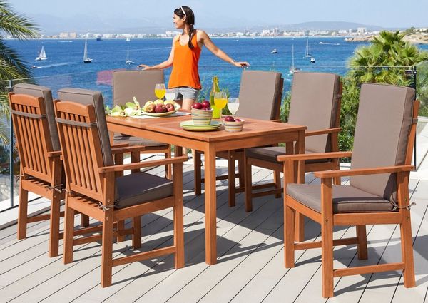 MERXX Garten-Essgruppe Montana, (13-tlg, 6x Sessel, inkl. Auflagen, 1x Tisch 150x80 cm), Eukalyptusholz, FSC Mix