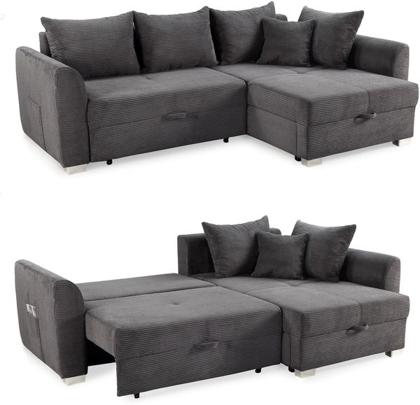 Ecksofa L-Form Couch Polsterecke Schlaffunktion Bettkasten Cord Dunkelgrau