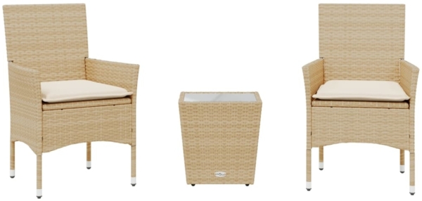 vidaXL 3-tlg. Bistro-Set mit Kissen Beige Poly Rattan und Glas 3278744