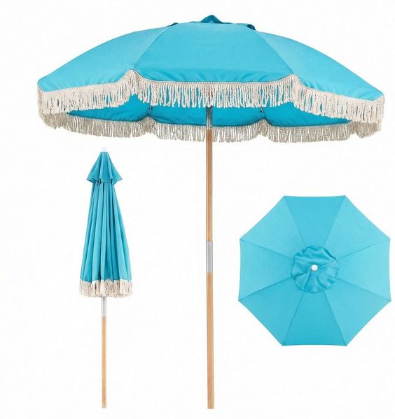 COSTWAY Sonnenschirm, Ø 170cm Gartenschirm Boho aus Holz, um 30° knickbar