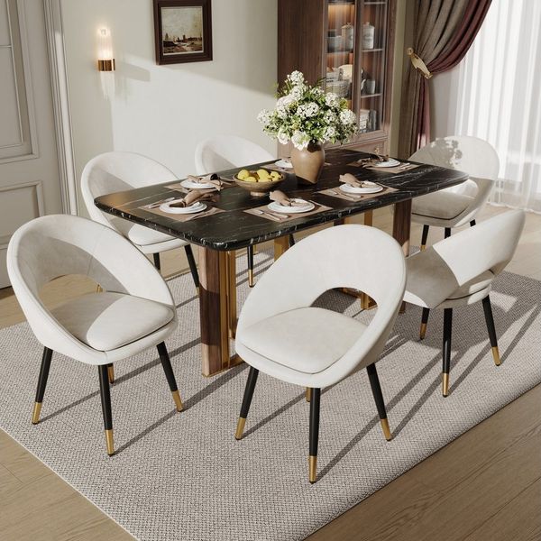 Flieks Esszimmerstuhl mit ringförmiges Rückenlehnen (Set, 6 St), 6er Set Polsterstühle Schalenstuhl Wohnzimmerstuhl Samt Beige