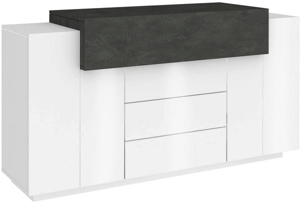 Dmora Kommode Arbon, Küchen-Sideboard mit 3 Türen und 3 Schubladen, Wohnzimmer-Buffet, 100 % Made in Italy, 160 x 45 x 86 cm, glänzendes Weiß und Schiefer,