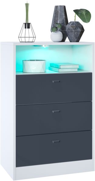 Vladon Kommode Pino V2, Anrichte mit 3 Schubladen & 1 offenem Fach, Weiß matt/Anthrazit matt (56 x 86,5 x 36 cm), mit RGB LED-Beleuchtung