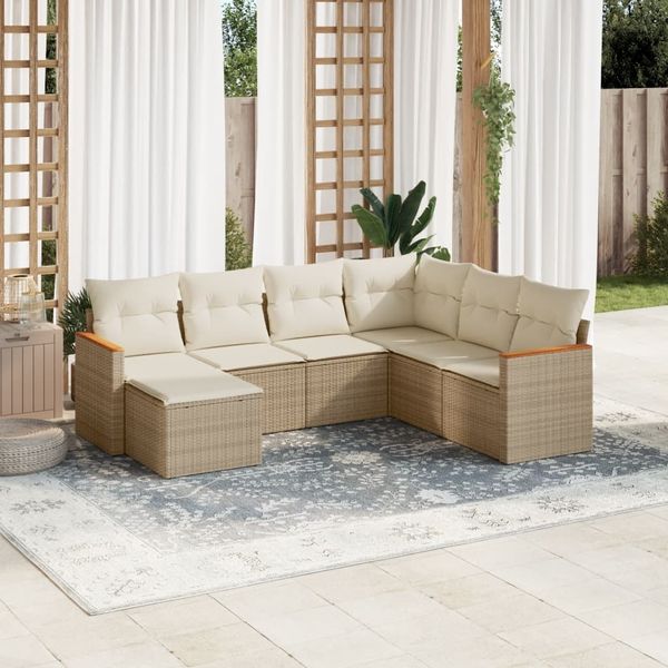 vidaXL 7-tlg. Garten-Sofagarnitur mit Kissen Beige Poly Rattan 3258607