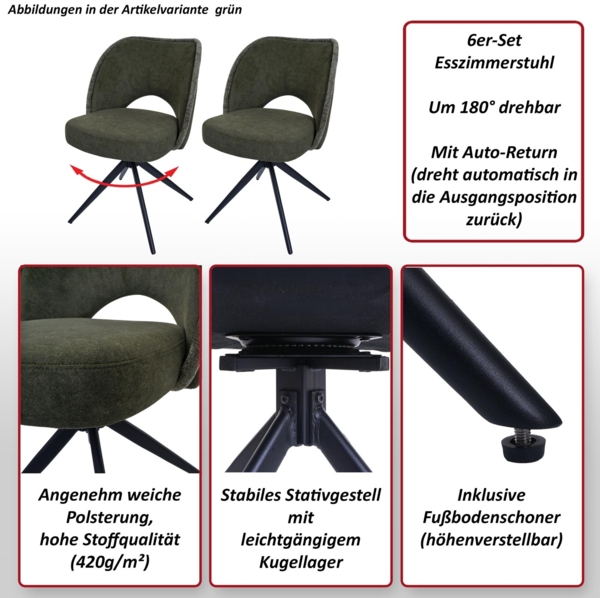 6er-Set Esszimmerstuhl HWC-N72, Polster-Küchenstuhl, drehbar Auto-Return, Stoff/Textil (420g/m²) Öko-Tex ~ hellgrau Bild 2