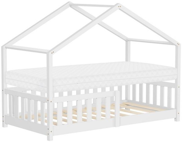 ML-DESIGN Spielbett Hausbett Kinderbett inkl. Lattenrost & Rausfallschutz Kinder Bodenbett, Abenteuerbett 80x160cm mit Matratze Himmelbett Kiefer Jugendbett Weiß