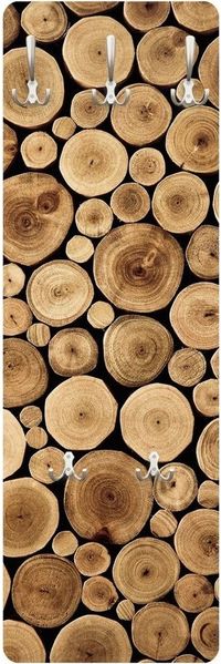 Bilderdepot24 Garderobenpaneel braun Holzoptik Bretteroptik Kunst Muster Homey Firewood Design (ausgefallenes Flur Wandpaneel mit Garderobenhaken Kleiderhaken hängend), moderne Wandgarderobe - Flurgarderobe im schmalen Hakenpaneel Design