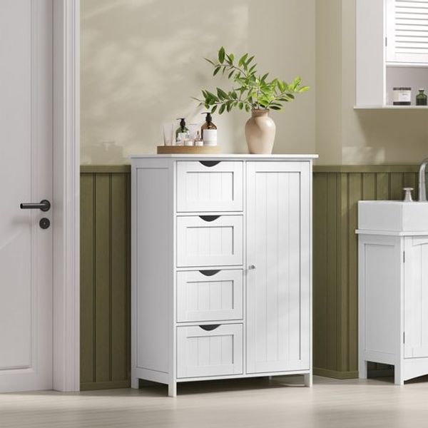 Vasagle Badezimmerschrank, schmaler Badschrank, Beistellschrank, Kommode, mit Schubladen, Schranktür, verstellbare Ablage, x x cm,, Weiß, 4