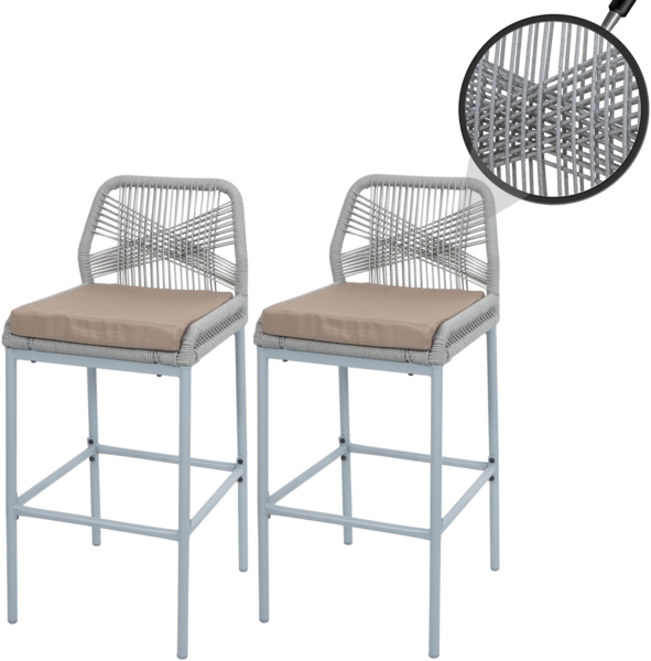 2er-Set Rope-Barhocker HWC-O21, Outdoor Sitzpolster Seilgeflecht Metall ~ hellgrau, Kissen taupe