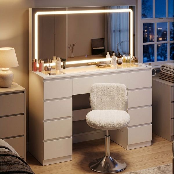 HOMALL Schminktisch Schminktisch Mit großer LED-Spiegelbeleuchtung und 7 Schubladen (MaBe: 115 x 40 x 139 cm, mit Stauraumbank, 2 Steckdosen, 1 USB-Anschluss,1 Typ-C-Anschluss,1 Fohnhalterung)