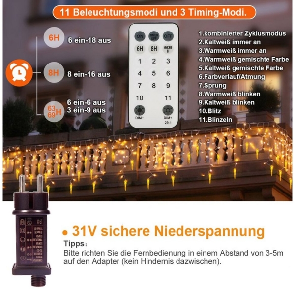 XERSEK LED-Lichtervorhang LED Lichtervorhang Eiszapfen Schneefall Meteorschauer Regen, Gesamtlänge 5m Weihnachtsbeleuchtung Gartenleuchte Bild 3