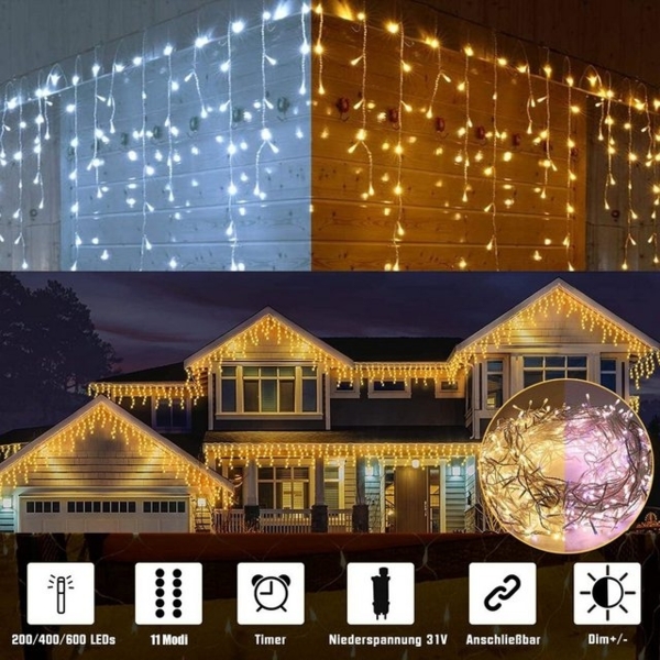 XERSEK LED-Lichtervorhang LED Lichtervorhang Eiszapfen Schneefall Meteorschauer Regen, Gesamtlänge 5m Weihnachtsbeleuchtung Gartenleuchte Bild 4