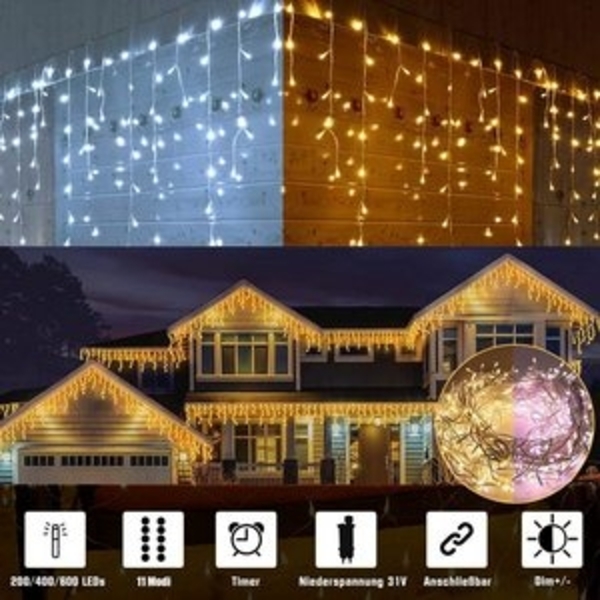 XERSEK LED-Lichtervorhang LED Lichtervorhang Eiszapfen Schneefall Meteorschauer Regen, Gesamtlänge 5m Weihnachtsbeleuchtung Gartenleuchte Bild 6