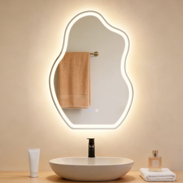 ZMH Asymmetrischer LED Badspiegel 50x70 cm Wandspiegel IP44 Touch Schalter Entfogger Funktion dimmbar