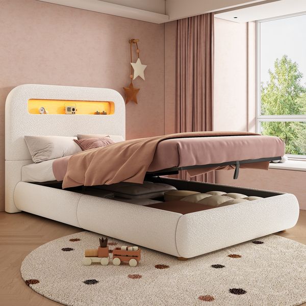 Polsterbett, Einzelbett, Kinderbett 90x200 cm, hydraulisches Funktionsbett, Bett mit Lattenrost, Kopfteil und großem Stauraum, LED-Beleuchtung, Massivholzbeine, weiß, Bouclé