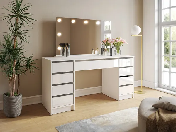 Vente-unique - JENEMI Schminktisch Holz, Platte Weiß - B 53,6 cm x H 142,6 cm x L 152,3 cm