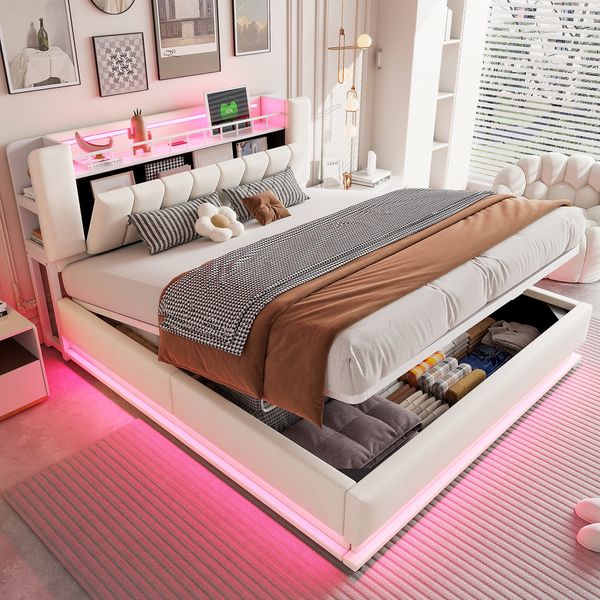Smartes Polsterbett 180 x 200 cm mit LED-Beleuchtung, USB- und hydraulischem Stauraum, weichem Samtbezug und Metallrahmen, Beige