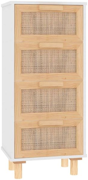 Sideboard, Kommode Weiß 40x30x90 cm Massivholz Kiefer und Natur-Rattan j3222p