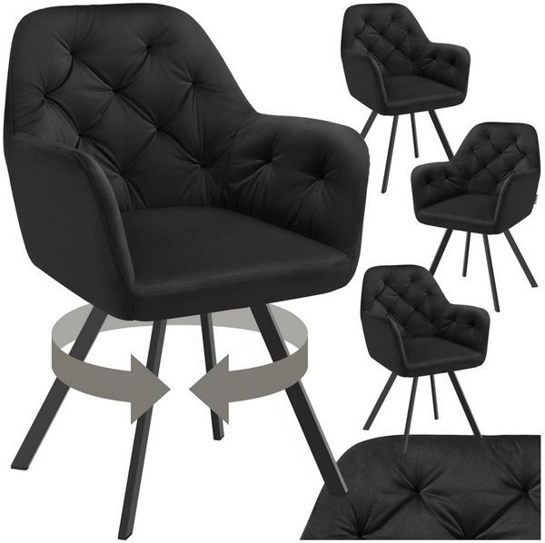 tectake Esszimmerstuhl Samt-Armlehnstuhl gepolstert, mit Steppmuster, 58 x 58 x 87 cm (Bürostuhl Lucia in schwarz, 4 St), 180° drehbar, Stahlbeine, bodenschonend, Belastbarkeit 120 kg