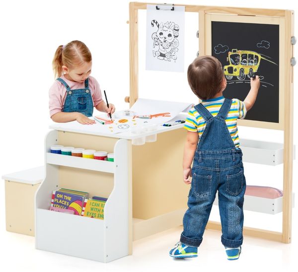 6 in 1 Kinder Staffelei Set Standtafel aus Holz mit doppelseitiger Kreidetafel Weiß