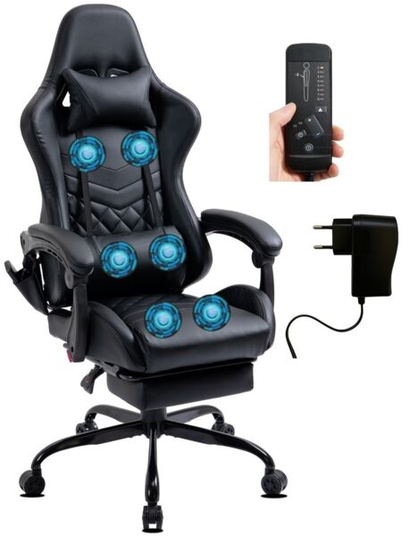 Delman Gaming-Stuhl, Bürostuhl, ergonomischer Chefsessel mit 6-Punkt-Massagefunktion, Fußstütze und Metallfußkreuz, Kunstleder, Schwarz