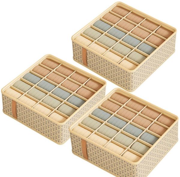 SURFOU Aufbewahrungsbox 20-Fach Schubladen Organizer aus Stoff – Beige, 32 x 32 x 11 cm (Kleiderschrank Organizer mit 20 Fächern aus Stoff – faltbare Aufbewahrungsbox für Socken, Unterwäsche, Accessoires und Kleidung, 32 x 32 x 11 cm, 3 St)