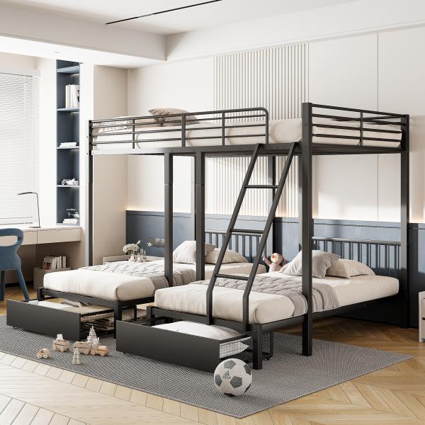 Merax Dreifaches Etagenbett mit Schubladen, Metallbettrahmen, umwandelbar in 140 x 200 Doppelbett und zwei 90 x 200 Einzelbetten, multifunktionales Metallrahmenbett, schwarz