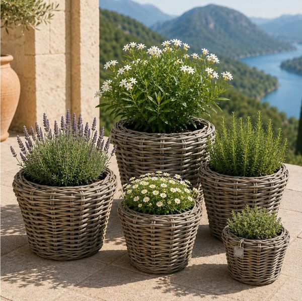Van der Leeden Blumentopf Pflanzkorb Pflanzentreppe 5tlg Rattan Korb Pflanzkübel (5 St), Indoor & Outdoor, 5 Größen, Rattan, Handmade, ohne Wasserablauf